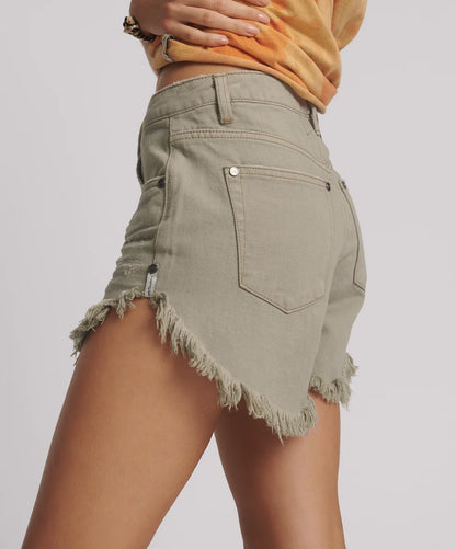 Faded Kaki Mid Waist Outlaws Denim Shorts