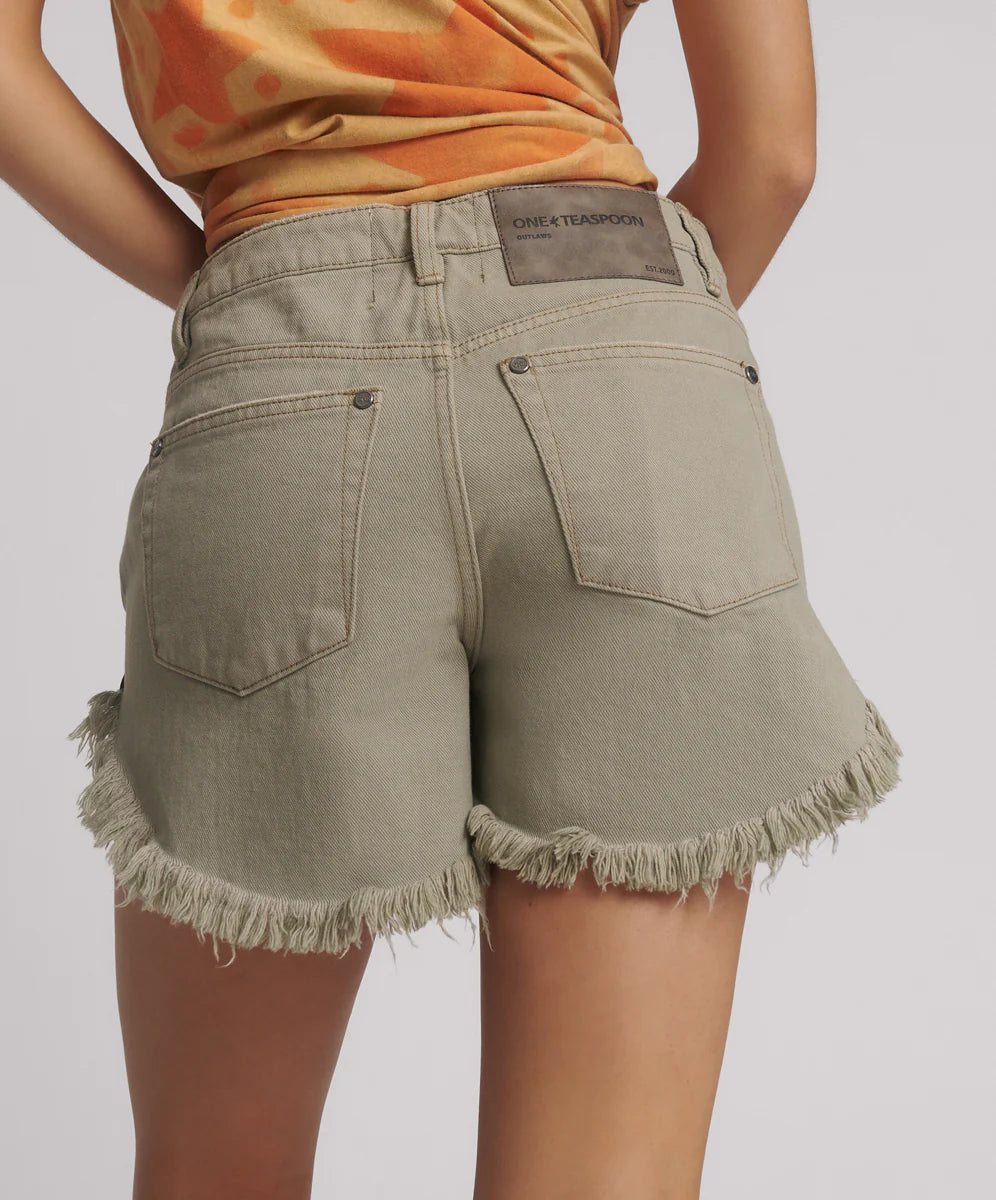 Faded Kaki Mid Waist Outlaws Denim Shorts